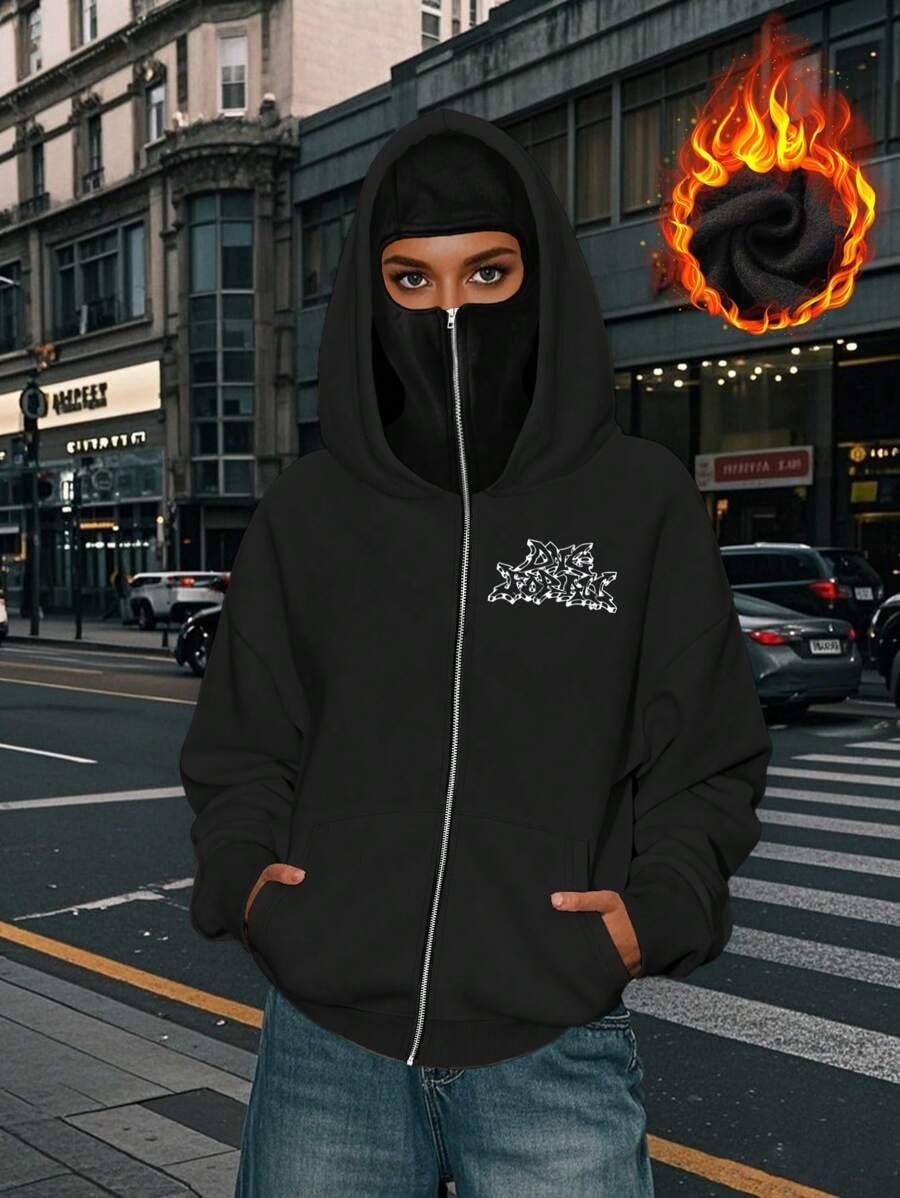 Full Zip Up Face Hoodie, Graphic Streetwear Sweatshirt, Cyber Y2K Goth Star Jacket, Alternative Opium Style Clothing, Mask Hood