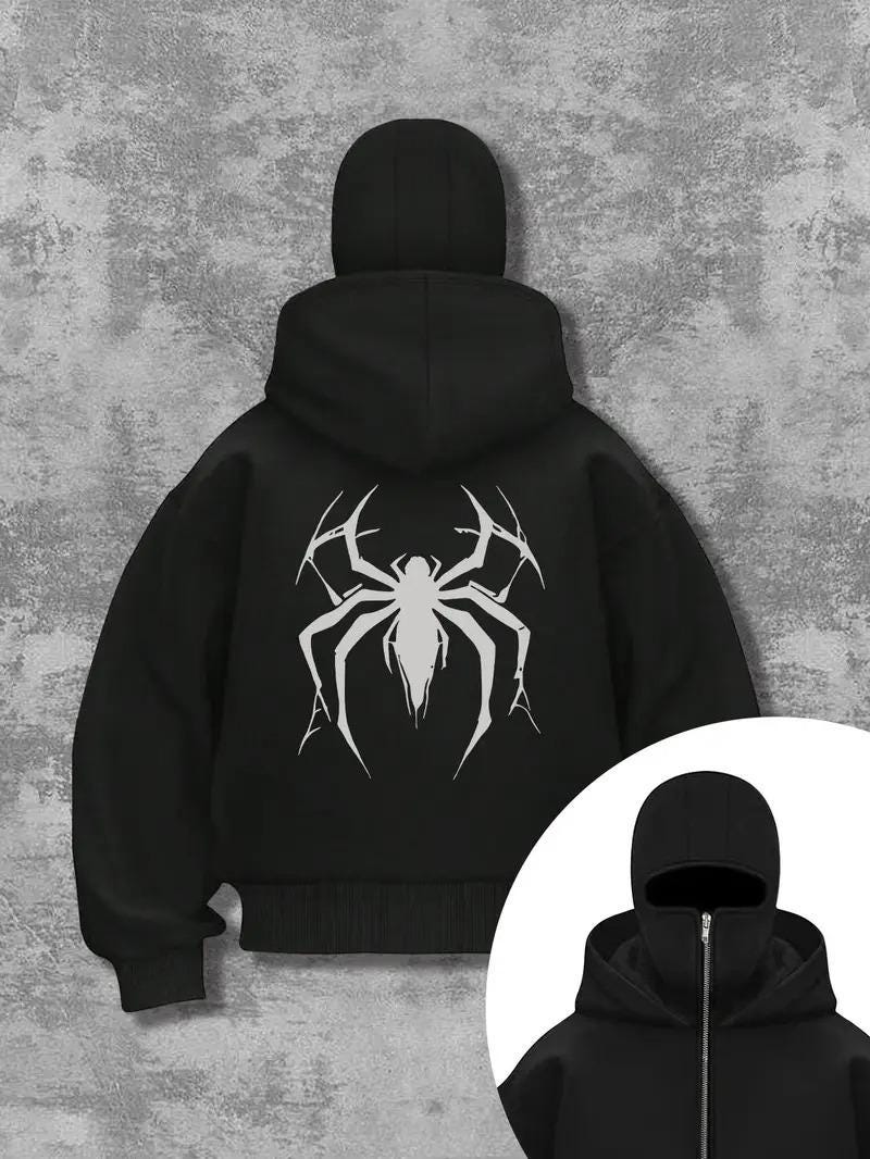 Full Zip Up Face Hoodie, Graphic Streetwear Sweatshirt, Cyber Y2K Goth Star Jacket, Alternative Opium Style Clothing, Mask Hood, Spider