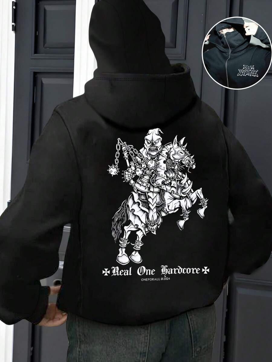 Full Zip Up Face Hoodie, Graphic Streetwear Sweatshirt, Cyber Y2K Goth Star Jacket, Alternative Opium Style Clothing, Mask Hood