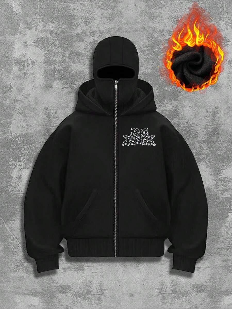 Full Zip Up Face Hoodie, Graphic Streetwear Sweatshirt, Cyber Y2K Goth Star Jacket, Alternative Opium Style Clothing, Mask Hood